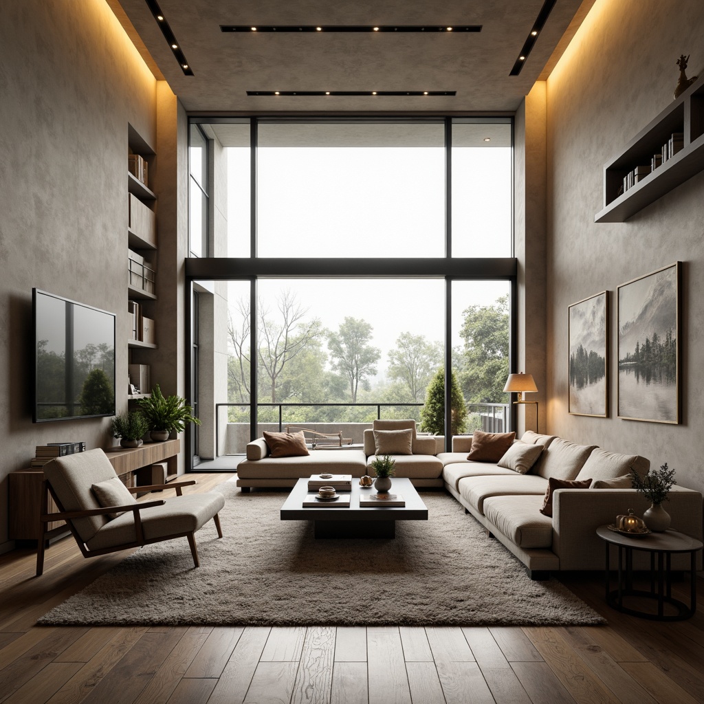 Prompt: Modern living room, spacious open-plan layout, minimal ornamentation, functional zones, comfortable seating area, sleek low-profile furniture, hidden storage solutions, floor-to-ceiling windows, natural daylight, soft warm lighting, 1/1 composition, shallow depth of field, realistic textures, ambient occlusion, calming color palette, wooden flooring, plush rugs, statement light fixtures, built-in shelving units, ergonomic design, multi-functional spaces.