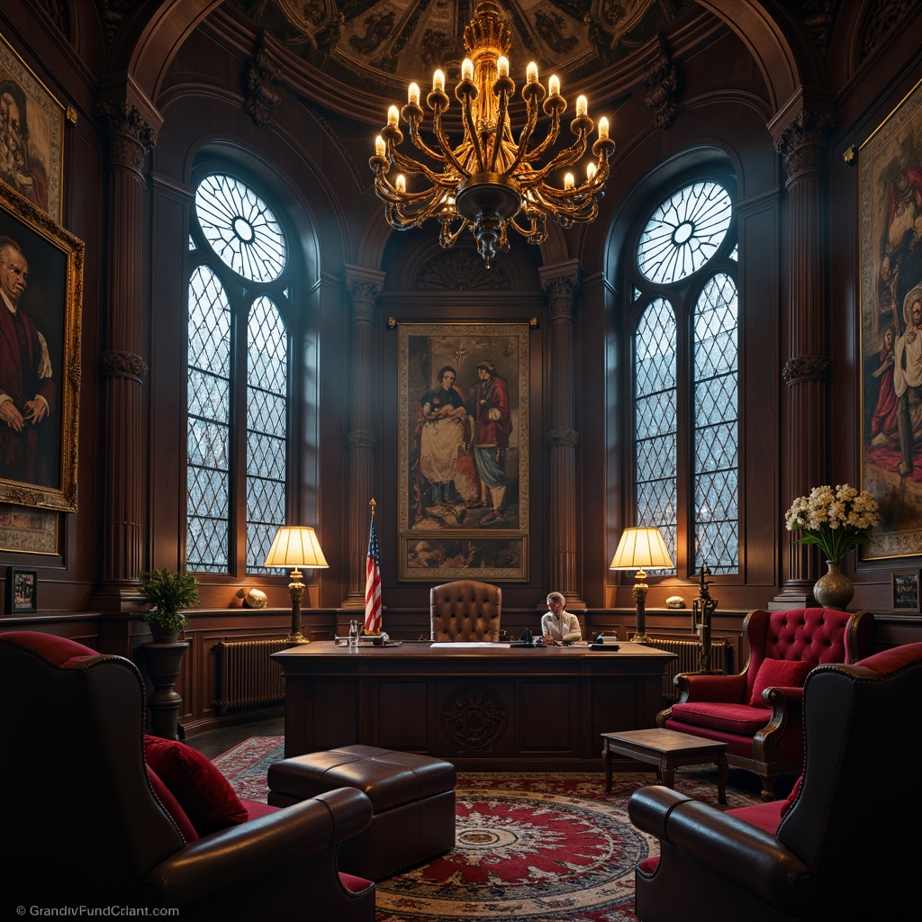 Prompt: Grandiose office space, dark wood paneling, ornate stone carvings, vaulted ceilings, stained glass windows, intricate ironwork, majestic chandeliers, rich velvet upholstery, luxurious leather armchairs, medieval-inspired tapestries, mysterious ambiance, warm candlelight, dramatic shadows, high-contrast lighting, symmetrical composition, cinematic perspective, opulent textures, atmospheric fog.