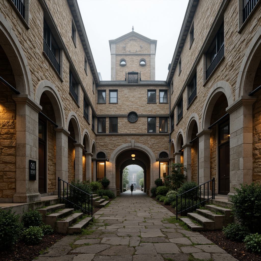 Prompt: Rustic university campus, Gothic architecture style, weathered stone walls, ornate stone carvings, grandiose entrance gates, pointed arches, ribbed vaults, flying buttresses, intricate stone tracery, rough-hewn stone blocks, earthy tone color palette, moss-covered stone steps, foggy misty atmosphere, warm soft lighting, shallow depth of field, 1/2 composition, realistic textures, ambient occlusion.