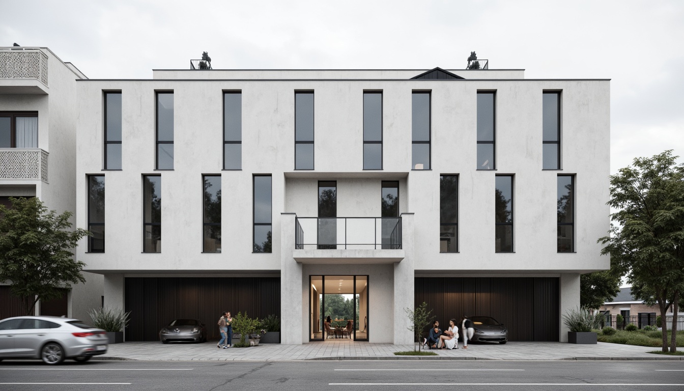 Prompt: Minimalist facade, clean lines, monochromatic color scheme, industrial materials, exposed concrete walls, floor-to-ceiling windows, sliding glass doors, simple rectangular shapes, limited ornamentation, functional simplicity, urban cityscape, cloudy sky, soft natural lighting, shallow depth of field, 2/3 composition, realistic textures, ambient occlusion.