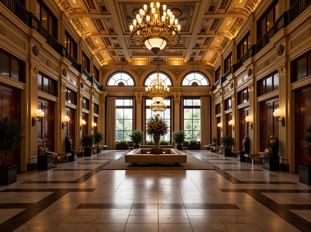 Prompt: Grand banking hall, high ceilings, ornate chandeliers, marble floors, Ionic columns, carved wooden panels, gold accents, intricate moldings, luxurious furnishings, stately atmosphere, warm lighting, shallow depth of field, 1/1 composition, symmetrical view, realistic textures, ambient occlusion.