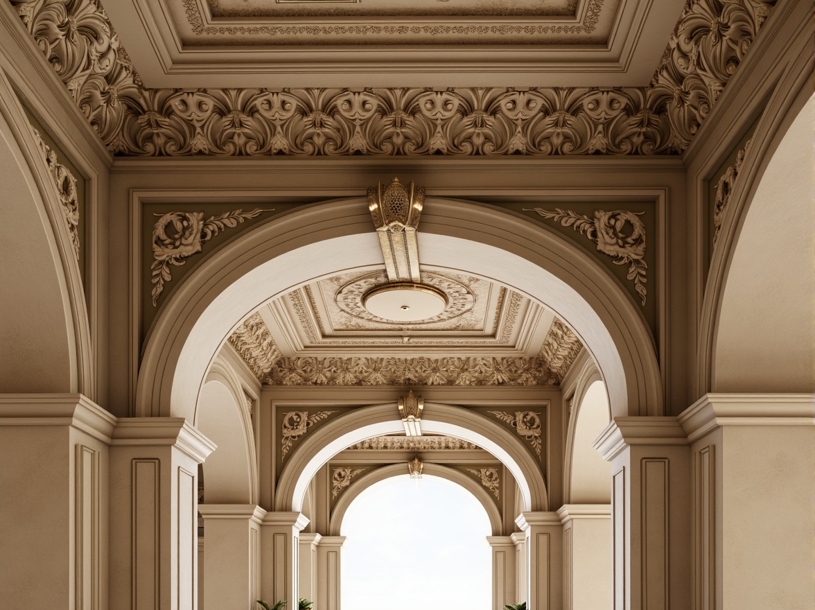 Prompt: Intricate plaster ceilings, ornate moldings, decorative cornices, bespoke wall finishes, textured surfaces, grand entranceways, sweeping arches, delicate filigree details, soft warm lighting, shallow depth of field, 3/4 composition, realistic textures, ambient occlusion.