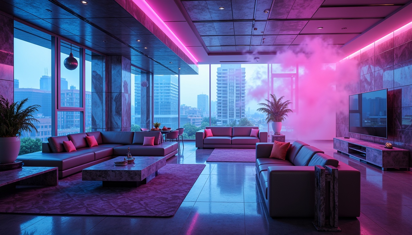 Prompt: Futuristic apartment interior, neon-infused color scheme, metallic silver accents, deep blues and purples, vibrant pink highlights, iridescent glass surfaces, LED light installations, holographic displays, sleek minimalist furniture, polished chrome fixtures, geometric patterned rugs, futuristic smart home devices, virtual reality interfaces, atmospheric misting systems, soft ambient glow, cinematic 3/4 composition, shallow depth of field, panoramic view.