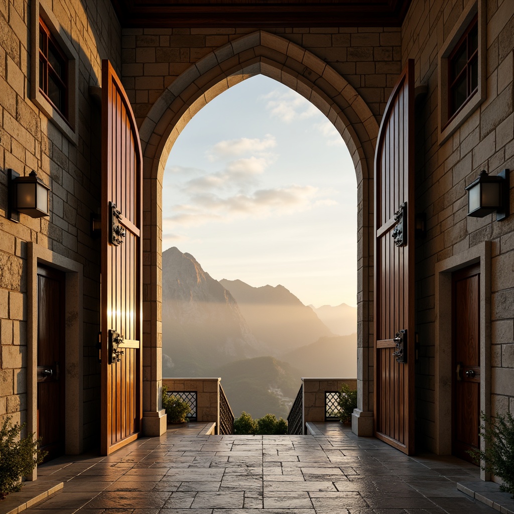 Prompt: Majestic watchtower, medieval-inspired architecture, stone walls, grandiose entrance, Gothic arches, intricate stonework, rustic wooden doors, iron hinges, ornate metal decorations, panoramic views, rolling hills, misty mountains, sunrise lighting, warm golden tones, 1/2 composition, atmospheric perspective, realistic textures, ambient occlusion.