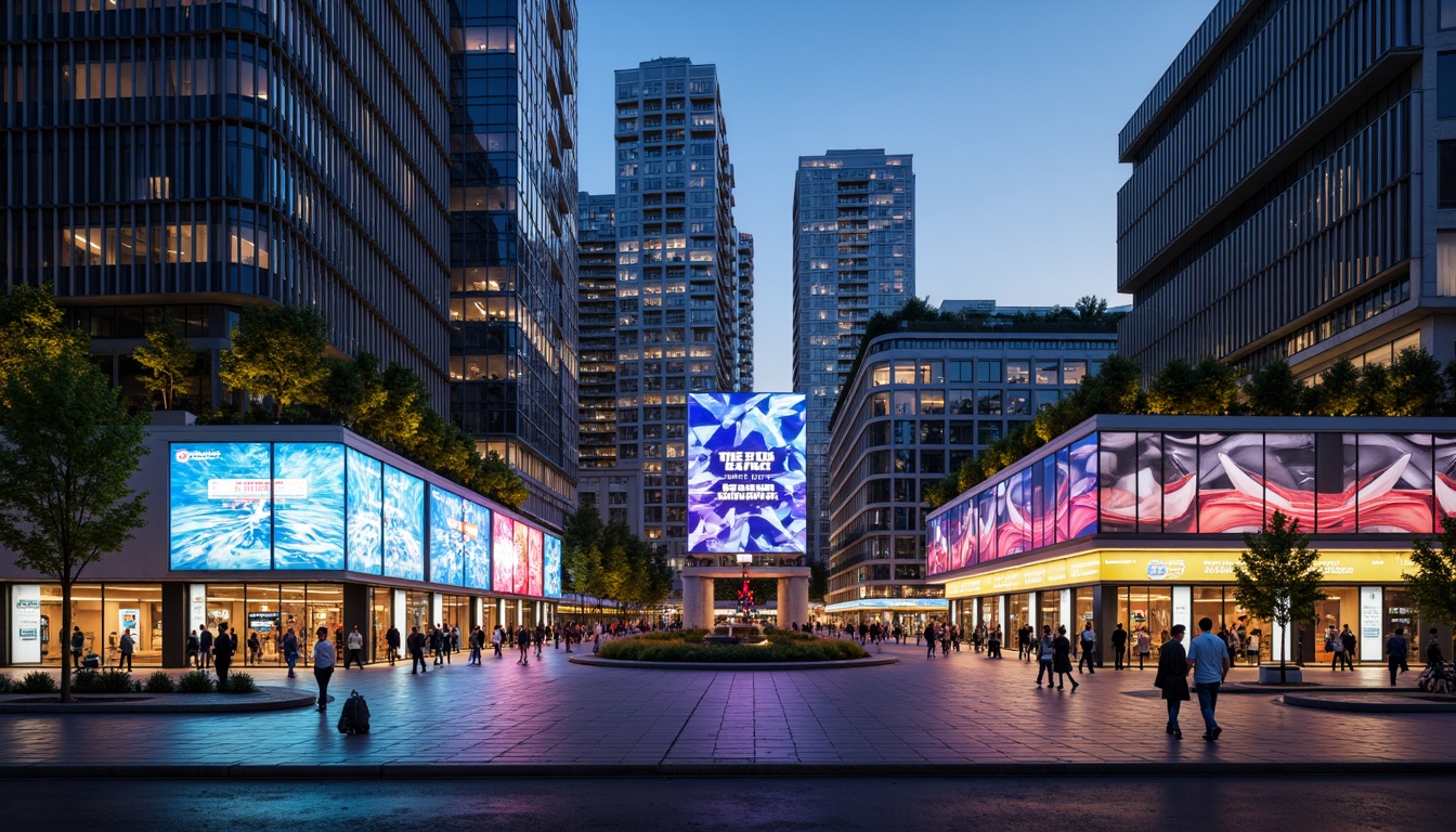 Prompt: Vibrant transportation hub, futuristic architecture, sleek metal fa\u00e7ades, LED lighting installations, dynamic color patterns, neon accents, modern signage, digital displays, geometric shapes, minimalist design, eco-friendly materials, sustainable energy solutions, solar panels, green roofs, angular lines, reflective glass surfaces, bustling atmosphere, rush hour scene, urban landscape, cityscape, metropolitan vibes, fast-paced lifestyle, abstract art-inspired murals, bold typography, bright color blocking, 1/1 composition, high contrast lighting, shallow depth of field.