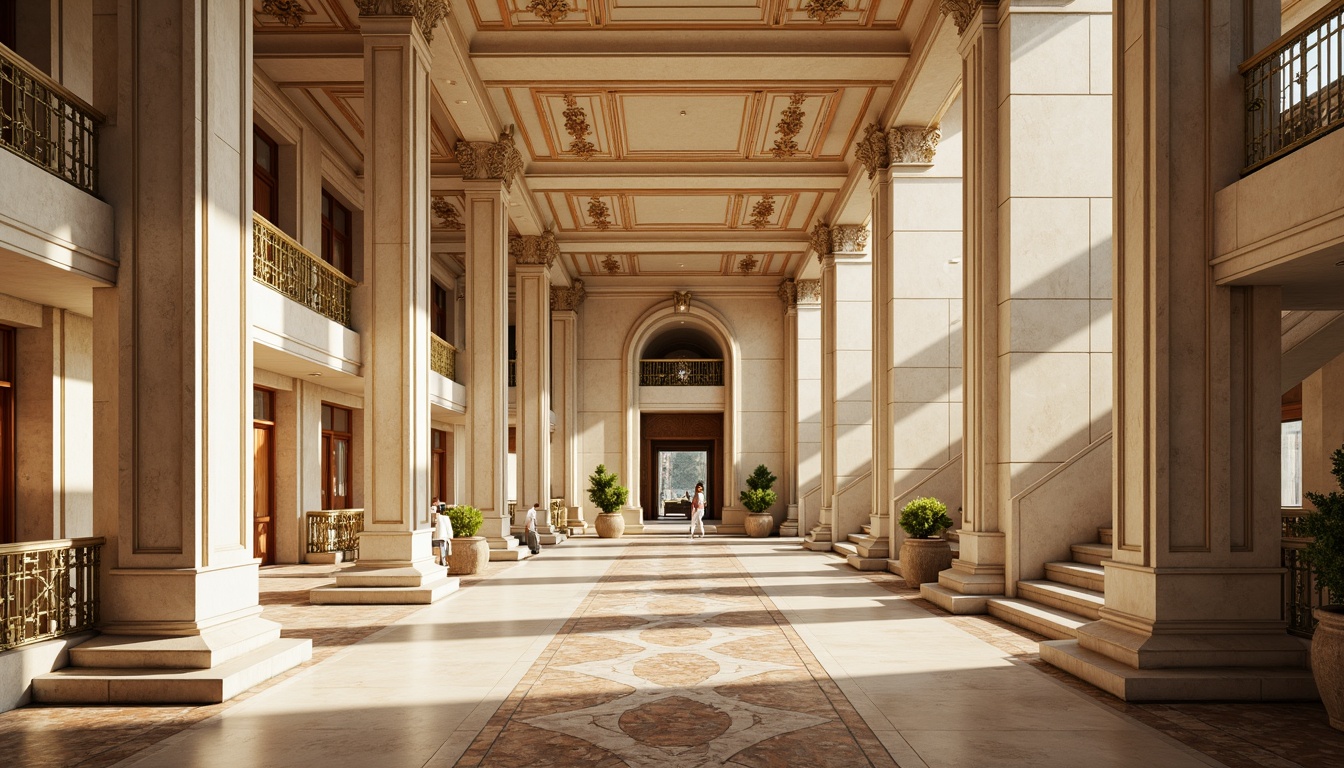 Prompt: Grandiose neoclassical building, ornate columns, intricately carved capitals, majestic arches, symmetrical fa\u00e7ade, cream-colored marble, rustic stone walls, elegant balustrades, sweeping staircases, ornamental moldings, richly patterned floors, vaulted ceilings, soft warm lighting, shallow depth of field, 1/1 composition, realistic textures, ambient occlusion.