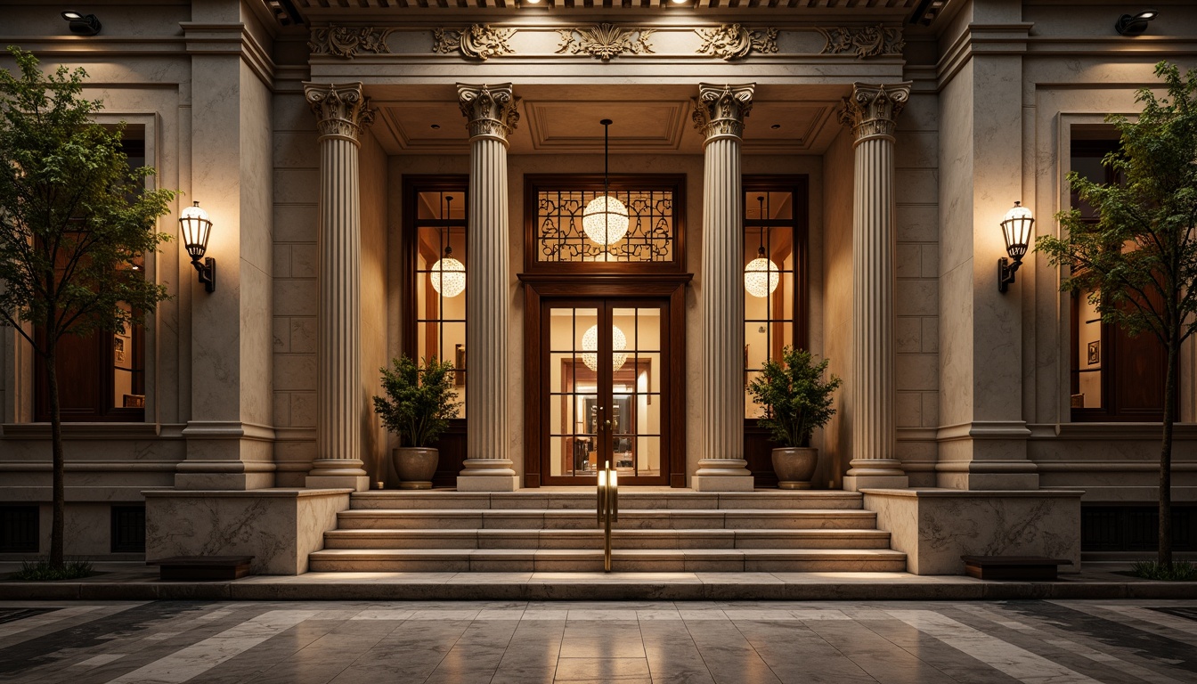 Prompt: Grandiose bank facade, Corinthian columns, ornate carvings, intricate stonework, symmetrical architecture, imposing entrance, bronze door handles, lavish chandeliers, marble floors, high ceilings, opulent furnishings, rich wood paneling, decorative moldings, gilded accents, classical proportions, dramatic lighting, shallow depth of field, 2/3 composition, realistic textures, ambient occlusion.