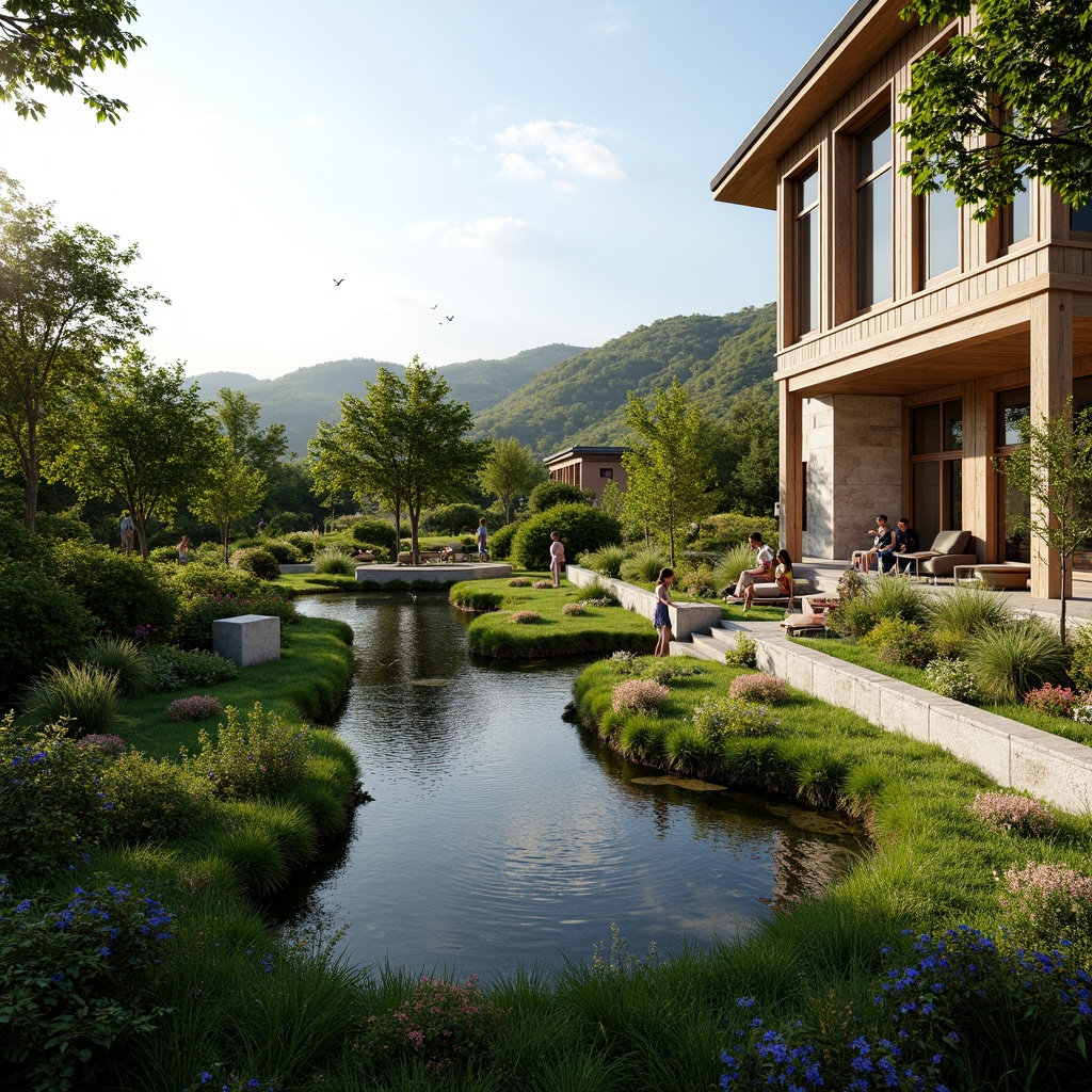 Prompt: Harmonious landscape integration, blending modern architecture, lush greenery, serene water features, natural stone walls, wooden accents, curved lines, organic forms, eco-friendly materials, sustainable design, abundant sunlight, soft warm lighting, shallow depth of field, 3/4 composition, panoramic view, realistic textures, ambient occlusion, rolling hills, meandering paths, blooming flowers, vibrant colors, misty mornings, peaceful atmosphere.