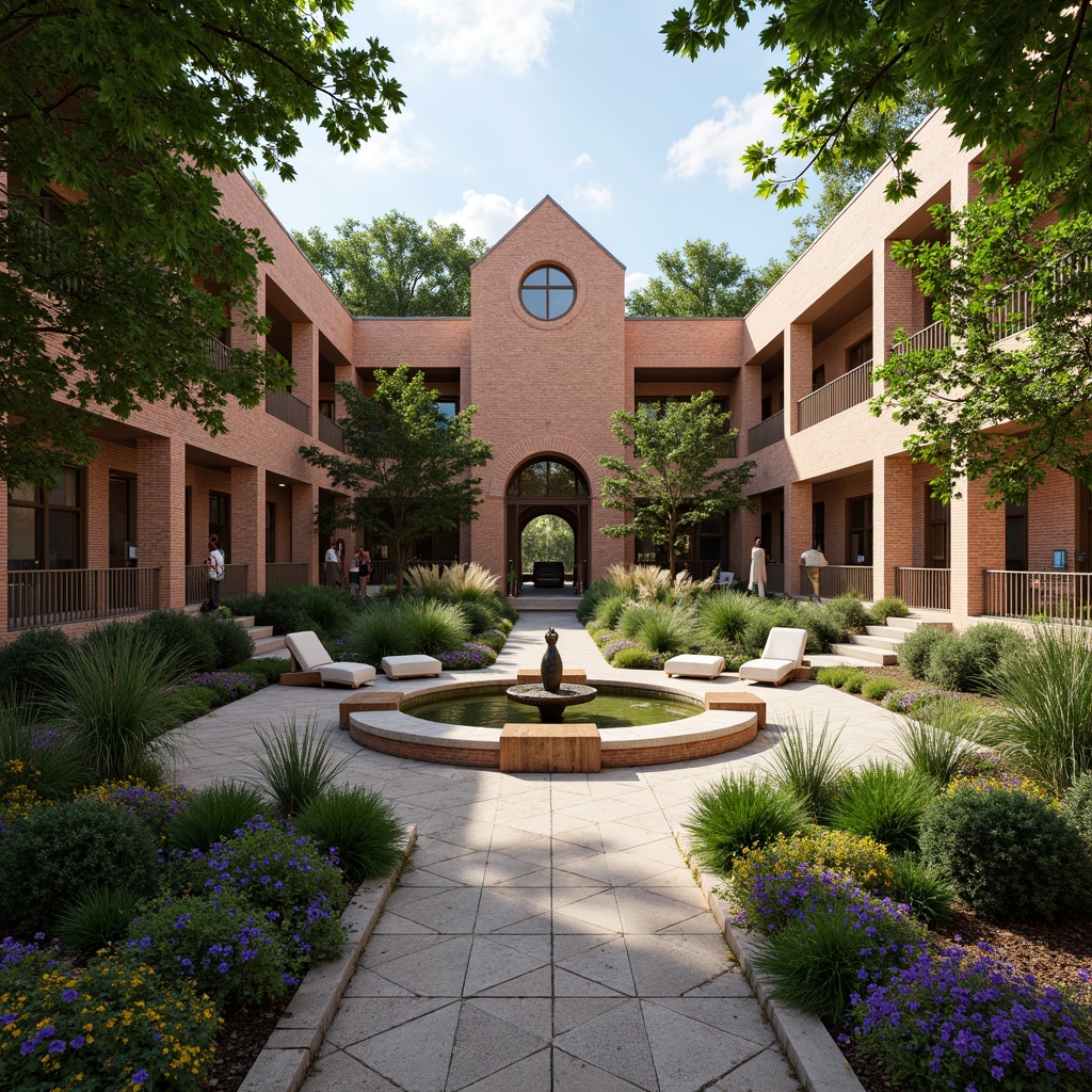 Prompt: Serenity monastery courtyard, lush greenery, peaceful fountain, communal seating areas, natural stone walkways, historic brick buildings, modern minimalist architecture, large windows, wooden accents, cozy reading nooks, vibrant colorful textiles, intricate geometric motifs, soft warm lighting, shallow depth of field, 3/4 composition, panoramic view, realistic textures, ambient occlusion.