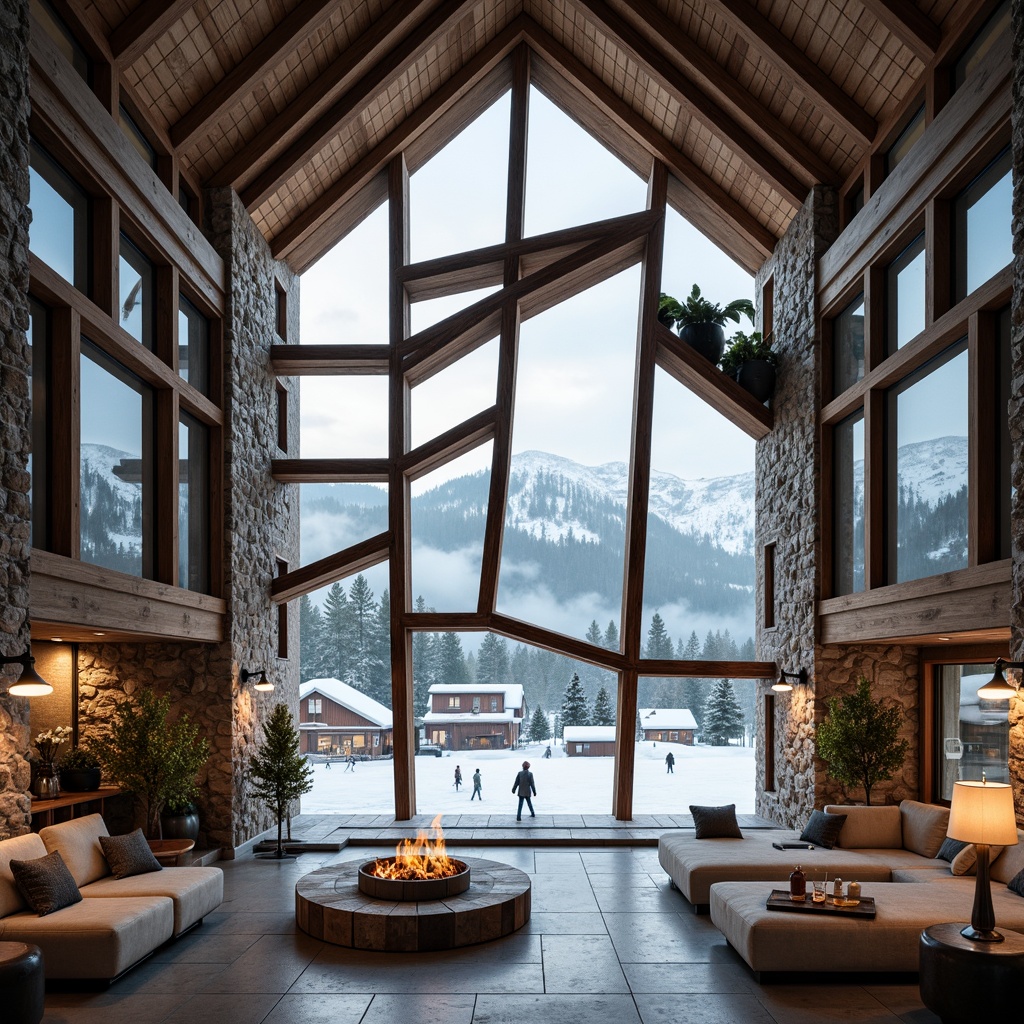 Prompt: Fragmented ski lodge, distorted wooden beams, irregularly shaped windows, rugged stone walls, metallic accents, dynamic angular lines, abstract art installations, snow-covered rooftops, frozen lakeside scenery, misty mountain atmosphere, warm cozy interior lighting, 3/4 composition, shallow depth of field, panoramic view, realistic textures, ambient occlusion.