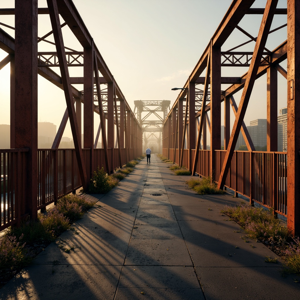 Prompt: Industrial steel bridges, metallic tones, rusty orange hues, weathered wood accents, urban cityscapes, misty morning fog, warm golden lighting, shallow depth of field, 3/4 composition, realistic textures, ambient occlusion.