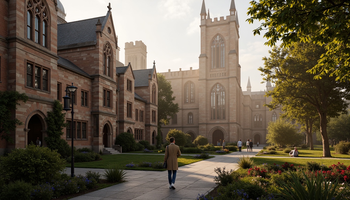 Prompt: Historic university campus, Gothic Revival architecture, ornate stone carvings, pointed arches, ribbed vaults, flying buttresses, grandiose chapels, mystical stained glass windows, earthy tone brick facades, weathered stone walls, moss-covered statues, lush greenery, vibrant flowers, misty mornings, warm golden lighting, dramatic shadows, atmospheric perspective, 1/2 composition, high contrast ratio, detailed textures, ambient occlusion.