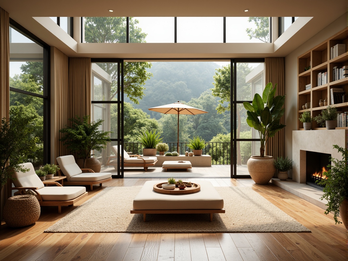 Prompt: Elegant interior design, abundant natural light, floor-to-ceiling windows, sliding glass doors, minimalist decor, earthy color palette, wooden flooring, woven textiles, lush greenery, potted plants, warm beige tones, cozy reading nooks, comfortable seating areas, soft diffused lighting, 1/1 composition, realistic shadows, ambient occlusion.