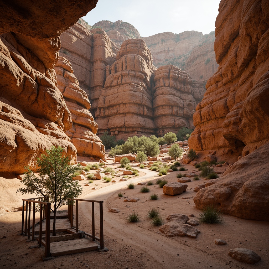 Prompt: Rugged canyon landscape, eroded rock formations, sandy terrains, sparse vegetation, ancient petroglyphs, weathered wooden bridges, rustic metal railings, worn stone pathways, natural earth tones, warm desert lighting, dramatic shadows, atmospheric perspective, cinematic composition, high-contrast textures, realistic normal maps, ambient occlusion.