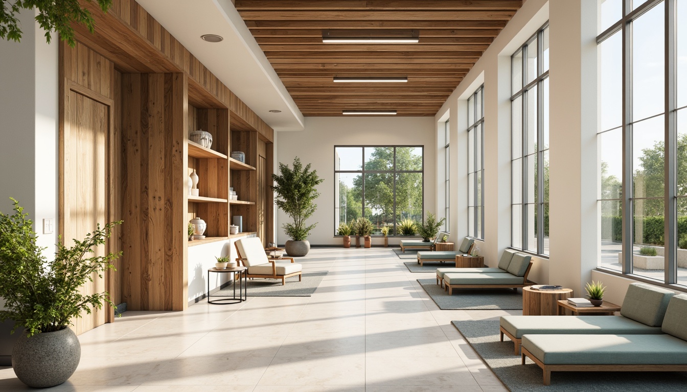 Prompt: Soothing healthcare facility, calming atmosphere, natural materials, reclaimed wood accents, earthy tones, gentle pastels, creamy whites, soft blues, muted greens, warm beige, comforting textiles, organic patterns, subtle gradients, calming ambiance, peaceful surroundings, serene lighting, diffused daylight, warm color temperatures, balanced composition, 2/3 rule, symmetrical layout.