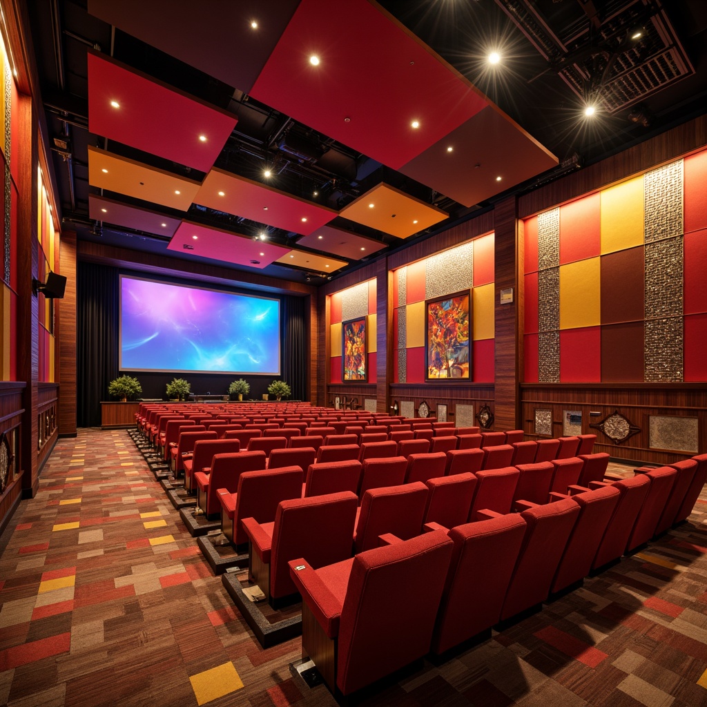 Prompt: Vibrant auditorium, bold color scheme, contrasting hues, dynamic lighting effects, gradient walls, ceiling spotlights, rich wood tones, plush velvet seats, metallic accents, geometric patterns, abstract artwork, immersive atmosphere, dramatic shadows, warm golden lighting, high-contrast colors, 3D modeling, realistic textures, ambient occlusion.