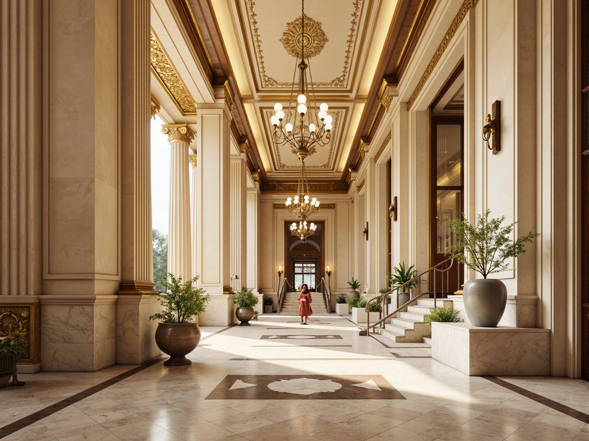 Prompt: \Elegant banking hall, neoclassical columns, ornate moldings, lavish chandeliers, rich marble floors, cream-colored walls, golden accents, bronze details, majestic archways, stately staircases, intricate stone carvings, warm beige tones, soft creamy lighting, subtle shading, 1/2 composition, symmetrical framing, realistic textures, ambient occlusion.\