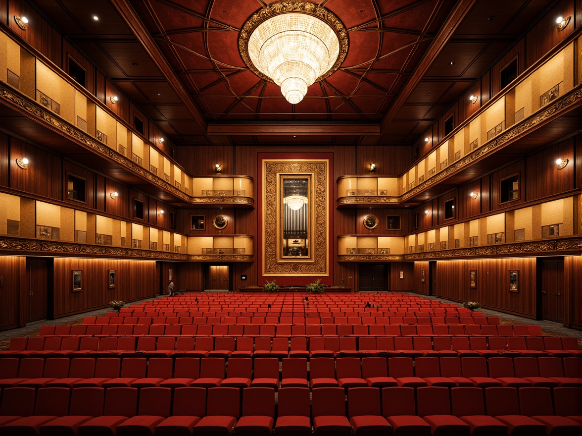 Prompt: Luxurious concert hall, rich wood tones, plush crimson seats, ornate golden balconies, sophisticated soundproofing materials, precision-cut acoustic panels, state-of-the-art speaker systems, crystal-clear sound reflections, intimate performance spaces, dramatic ceiling heights, opulent chandeliers, soft warm lighting, shallow depth of field, 3/4 composition, panoramic view, realistic textures, ambient occlusion.