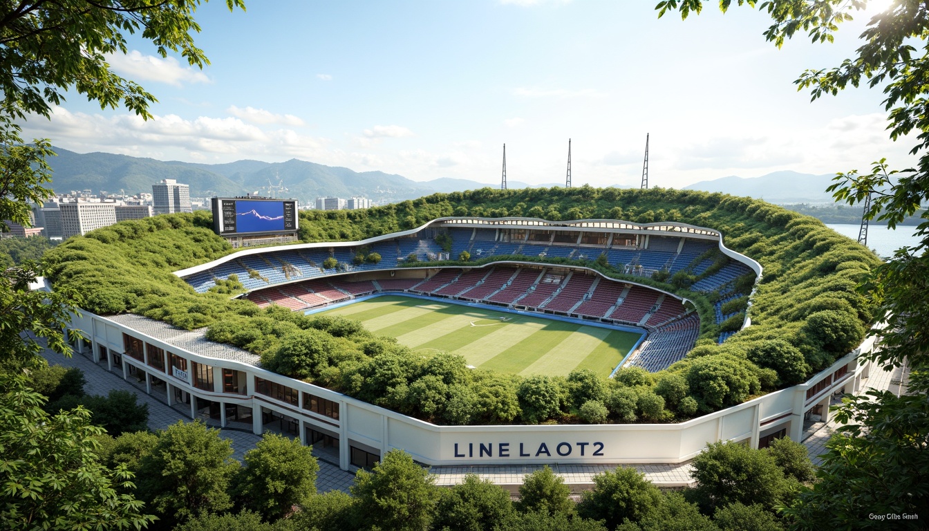 Prompt: Eco-friendly stadium, lush green roof, solar panels, wind turbines, rainwater harvesting system, recyclable materials, minimal waste design, organic shape, curved lines, futuristic architecture, transparent fa\u00e7ade, LED lighting, dynamic scoreboard, athlete training facilities, spectator seating areas, sports equipment storage, natural ventilation systems, passive cooling techniques, shaded outdoor spaces, misting systems, vibrant color schemes, geometric patterns, 3/4 composition, shallow depth of field, panoramic view, realistic textures, ambient occlusion.