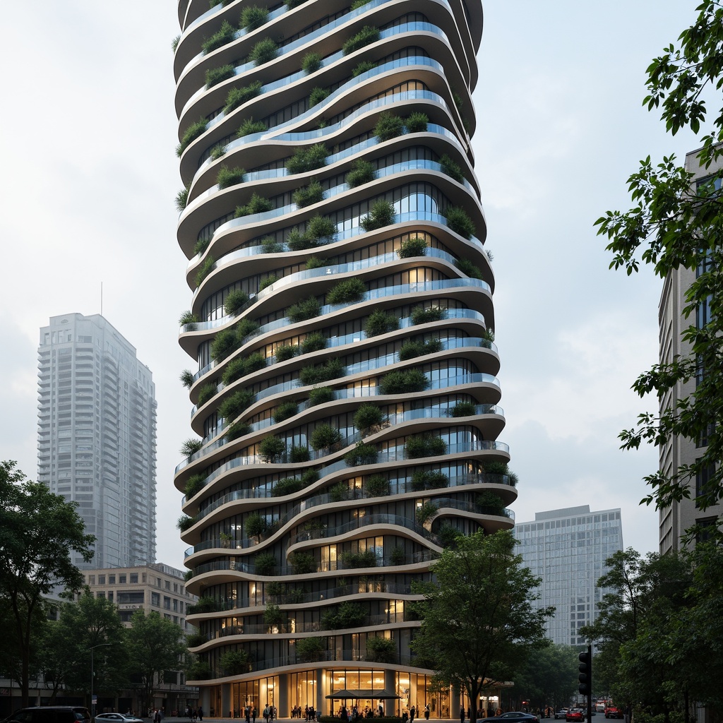 Prompt: Curved skyscraper facade, organic shapes, natural materials, living walls, green roofs, cantilevered structures, asymmetrical design, irregular forms, dynamic lines, futuristic aesthetic, sleek metallic accents, LED lighting systems, urban jungle atmosphere, misty morning light, shallow depth of field, 1/1 composition, panoramic view, realistic textures, ambient occlusion.