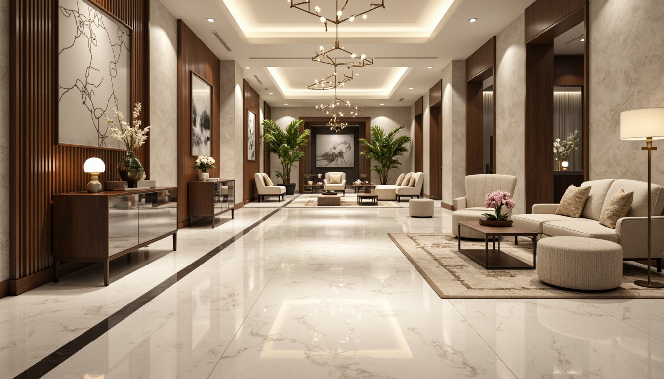 Prompt: Luxurious interior space, marble flooring, elegant veins, creamy whites, subtle grays, sophisticated ambiance, high-end furniture, ornate details, lavish decorations, refined textures, ambient lighting, soft warm glow, 3/4 composition, shallow depth of field, realistic reflections.