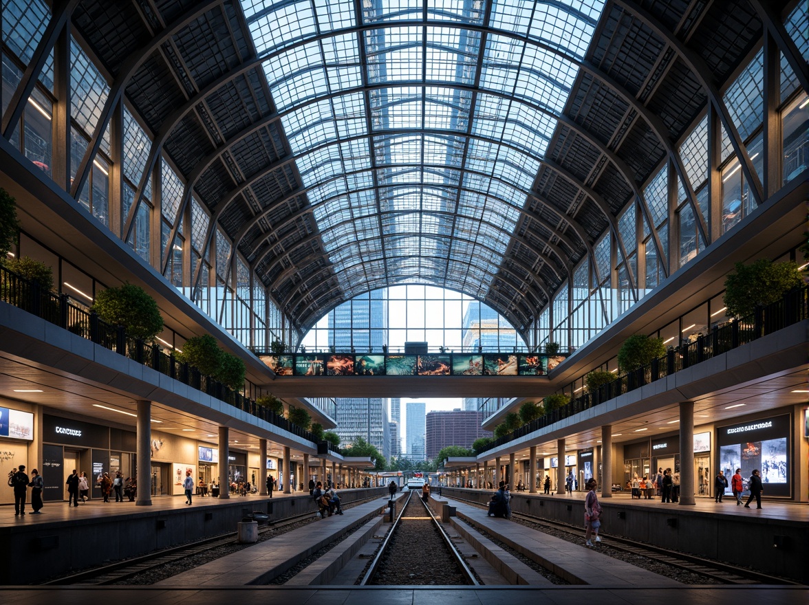 Prompt: Futuristic train station, curved glass roof, metallic latticework, LED light installations, dynamic digital displays, sleek modern architecture, cantilevered structures, open-air platforms, bustling urban atmosphere, morning rush hour, warm soft lighting, shallow depth of field, 1/1 composition, panoramic view, realistic textures, ambient occlusion, steel columns, minimalist design, sustainable energy solutions, solar panels, green roofs, eco-friendly materials, innovative ventilation systems, shaded outdoor waiting areas.