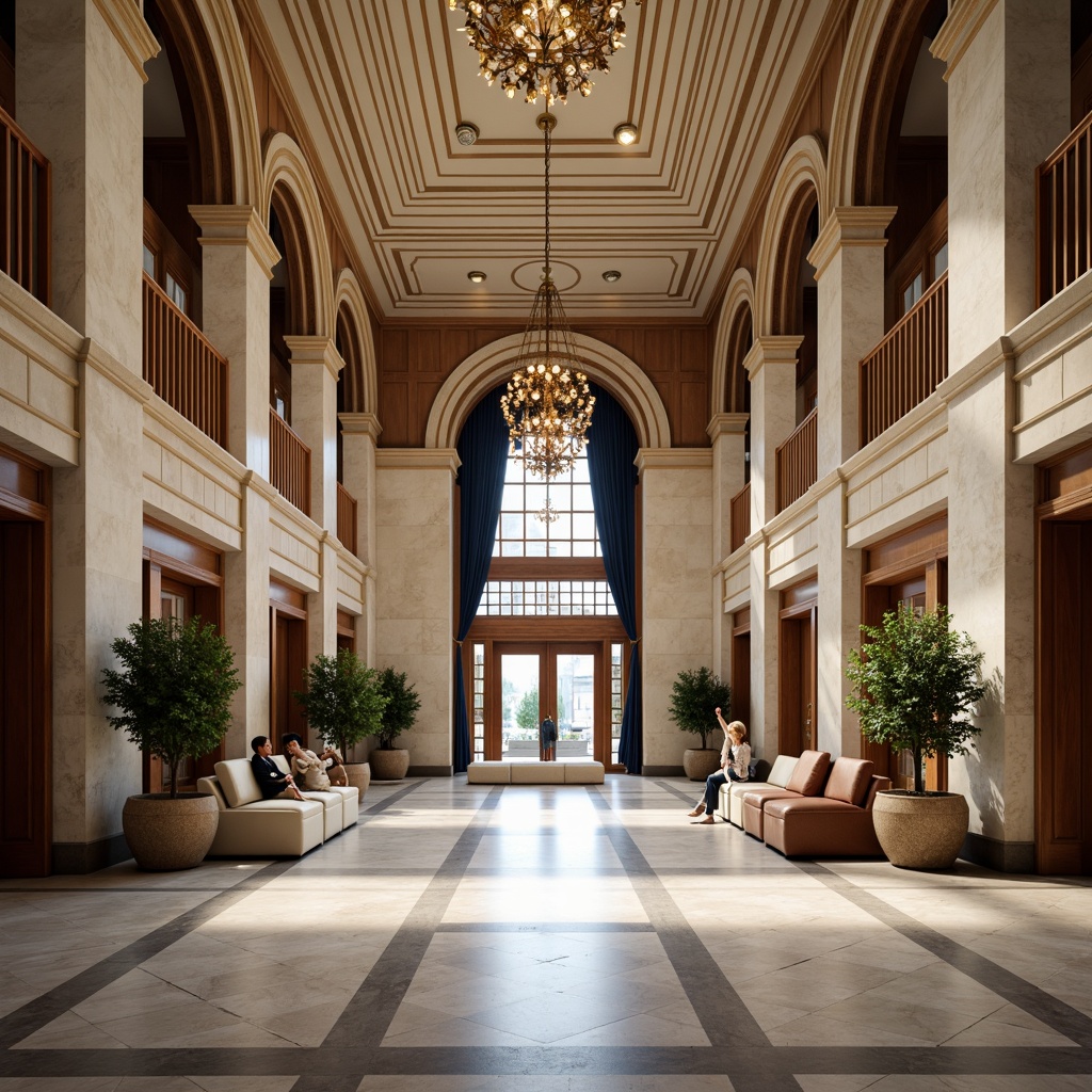 Prompt: Elegant banking hall, high ceilings, marble floors, grand columns, ornate details, luxurious chandeliers, rich wood tones, earthy color palette, beige stone walls, creamy whites, soft grays, navy blues, gold accents, subtle texture contrasts, natural light pouring in, shallow depth of field, 1/1 composition, symmetrical framing, warm and inviting atmosphere.