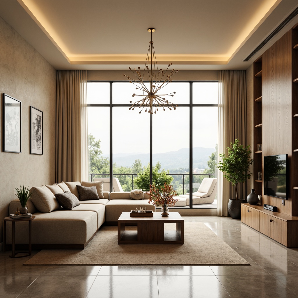 Prompt: Luxurious living room, comfortable sofa, wooden coffee table, floor-to-ceiling windows, natural light, soft cream curtains, elegant chandelier, minimalist decor, warm beige walls, polished marble floors, modern sectional furniture, plush area rug, vibrant greenery, ambient lighting, 1/1 composition, shallow depth of field, realistic textures, cozy atmosphere.