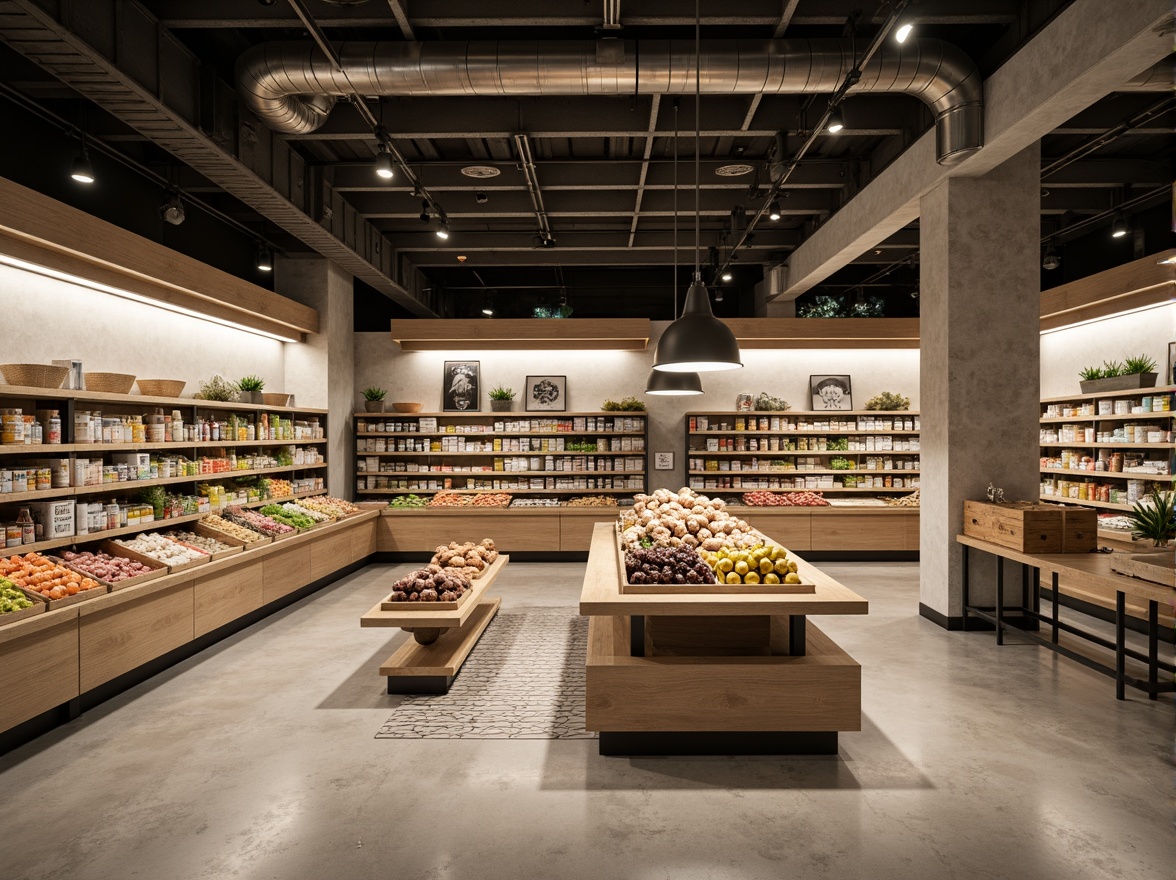 Prompt: Minimalist Bauhaus grocery store, industrial chic atmosphere, exposed ductwork, polished concrete floors, steel beams, functional shelving units, geometric patterned tiles, natural materials, earthy color palette, warm white lighting, LED strips, track lighting, suspended pendant lamps, ambient softbox lighting, 1/2 composition, shallow depth of field, realistic textures, subtle reflections.