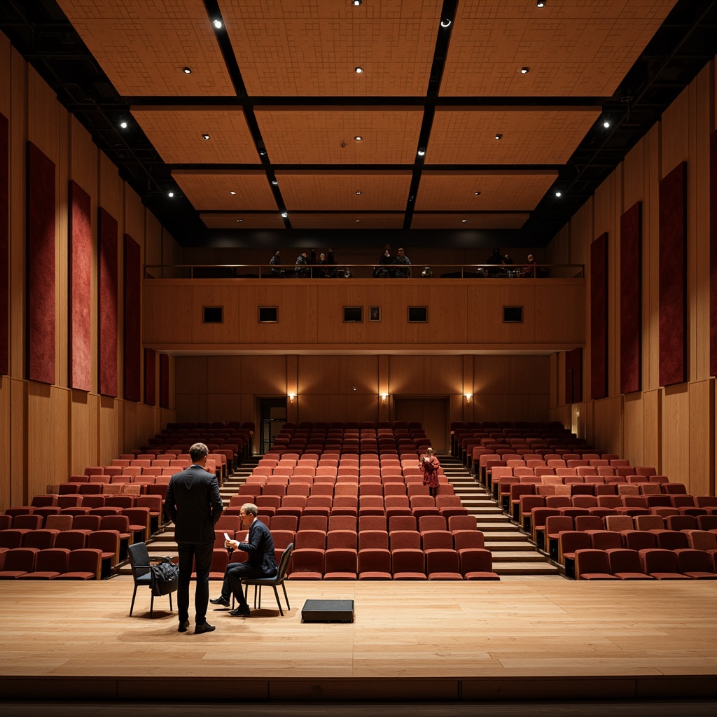 Prompt: Elegant concert hall, rich wood paneling, plush velvet seats, sophisticated soundproofing materials, precision-cut acoustic panels, strategically placed diffusers, premium quality loudspeakers, subtle ambient lighting, intimate performance space, refined minimalist decor, polished marble floors, tall ceilings, optimal reverberation time, warm natural tone, 1/2 composition, shallow depth of field, soft focus, realistic textures.