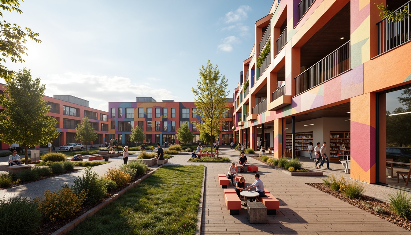 Prompt: Vibrant community library, social housing complex, bold color schemes, geometric patterned facades, modern architectural design, cantilevered roofs, large windows, natural light pouring in, cozy reading nooks, comfortable seating areas, wooden flooring, minimalist decor, lush greenery, rooftop gardens, urban landscape views, sunny afternoon, soft warm lighting, shallow depth of field, 3/4 composition, panoramic view, realistic textures, ambient occlusion.