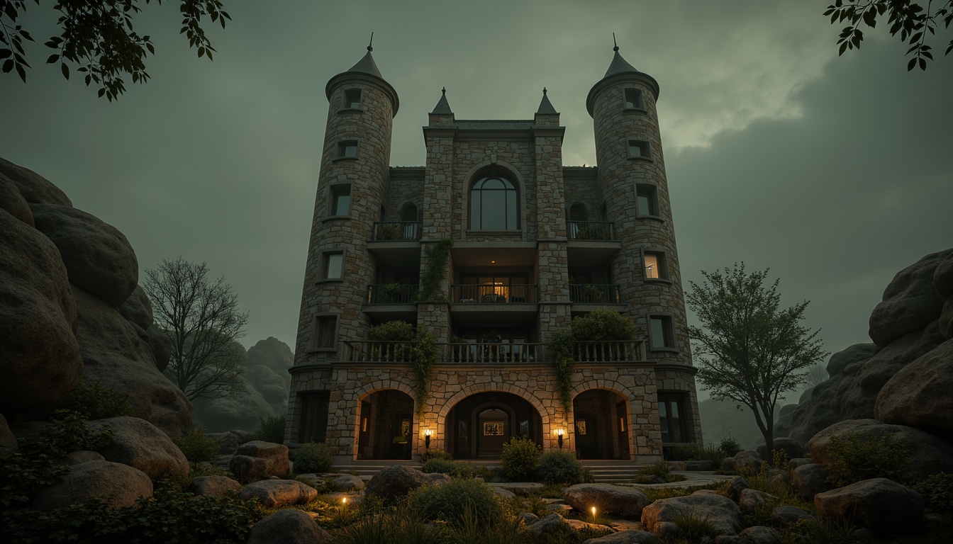 Prompt: Mysterious Watchtower, Gothic architecture, stone walls, ivy-covered towers, medieval-inspired design, eerie twilight atmosphere, misty foggy surroundings, rugged rocky terrain, ancient mysterious artifacts, mystical symbolic patterns, warm golden lighting, dramatic shadows, 3/4 composition, cinematic mood, realistic textures, ambient occlusion.