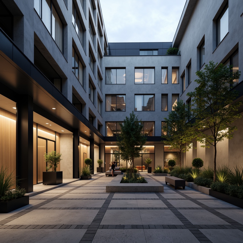 Prompt: Minimalist courtyard, geometric paving, modernist fa\u00e7ade, industrial-style lighting, exposed ductwork, concrete walls, steel beams, functional simplicity, rectangular shapes, clean lines, monochromatic color scheme, dramatic shadows, high-contrast lighting, accentuate architectural details, warm ambient glow, softbox lights, pendant lamps, metal shades, Bauhaus-inspired typography, urban atmosphere, overcast skies, moody weather, cinematic lighting, low-key illumination, subtle color grading.