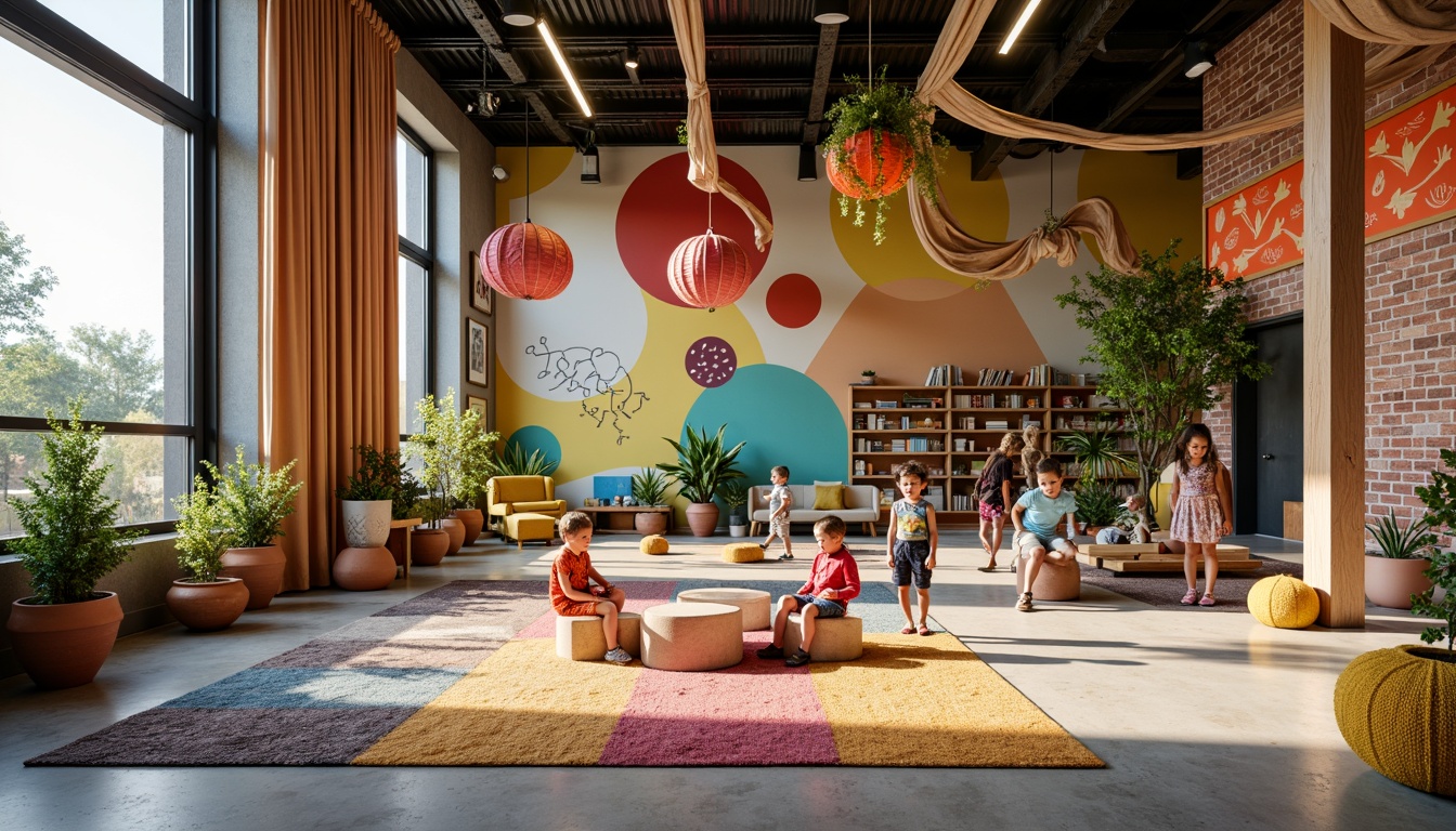 Prompt: Vibrant kindergarten interior, eclectic mix of materials, reclaimed wood accents, colorful ceramic tiles, soft plush carpets, natural fiber rugs, exposed brick walls, industrial metal beams, playful pendant lighting, whimsical fabric draping, textured concrete floors, earthy terracotta pots, lush greenery, organic shapes, irregular forms, abstract patterns, bold color blocking, lively wallpaper murals, interactive display shelves, flexible modular furniture, cozy reading nooks, collaborative learning spaces, abundant natural light, warm diffused lighting, shallow depth of field, 1/1 composition, inviting atmosphere.