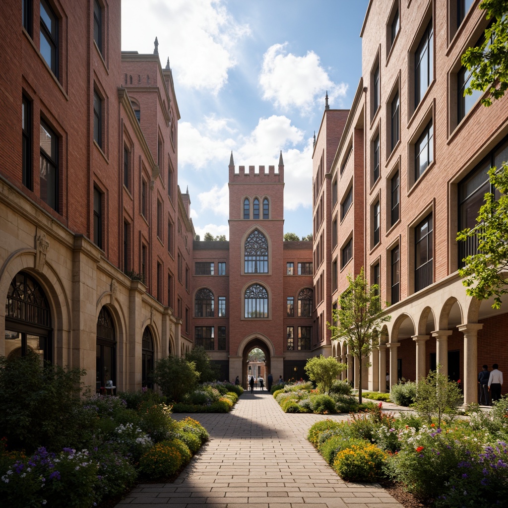 Prompt: Grand university campus, historic Gothic Revival buildings, pointed arches, ribbed vaults, flying buttresses, ornate stone carvings, stained glass windows, intricate tracery, mystical ambiance, atmospheric lighting, warm golden tones, rustic brick walls, weathered stone fa\u00e7ades, majestic entranceways, grand staircases, cloistered quadrangles, lush green courtyards, vibrant flower arrangements, sunny afternoon, soft diffused light, shallow depth of field, 1/2 composition, symmetrical framing, realistic textures, ambient occlusion.