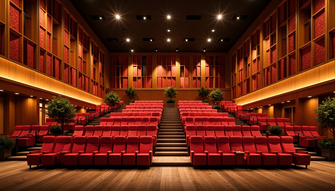 Prompt: Vibrant auditorium interior, warm golden lighting, rich wood tones, comfortable seating, bold red accents, dynamic geometric patterns, luxurious velvet fabrics, intricate soundproofing details, sleek metal railings, suspended ceilings, minimalist decorative elements, soft focus spotlights, 1/1 composition, realistic textures, ambient occlusion.