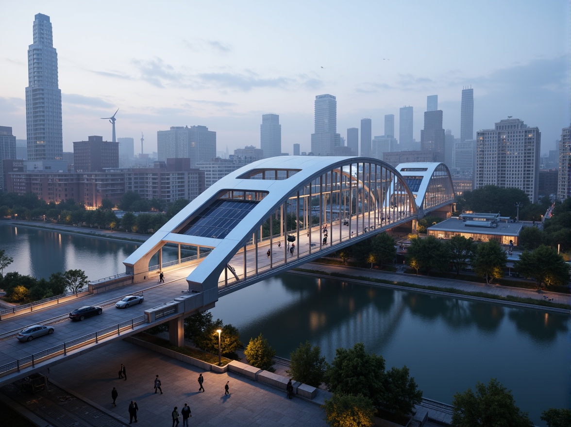 Prompt: Futuristic high-tech bridge, sleek metallic structure, LED lighting system, solar panels, wind turbines, kinetic energy harvesting, modern urban landscape, city skyline, misty morning atmosphere, shallow depth of field, 3/4 composition, panoramic view, realistic reflective surfaces, ambient occlusion, eco-friendly materials, innovative structural design, optimized traffic flow, pedestrian and cyclist accessibility, green roofs, rainwater harvesting system, natural stone walkways, vibrant neon lights, soft warm glow, futuristic urban planning.