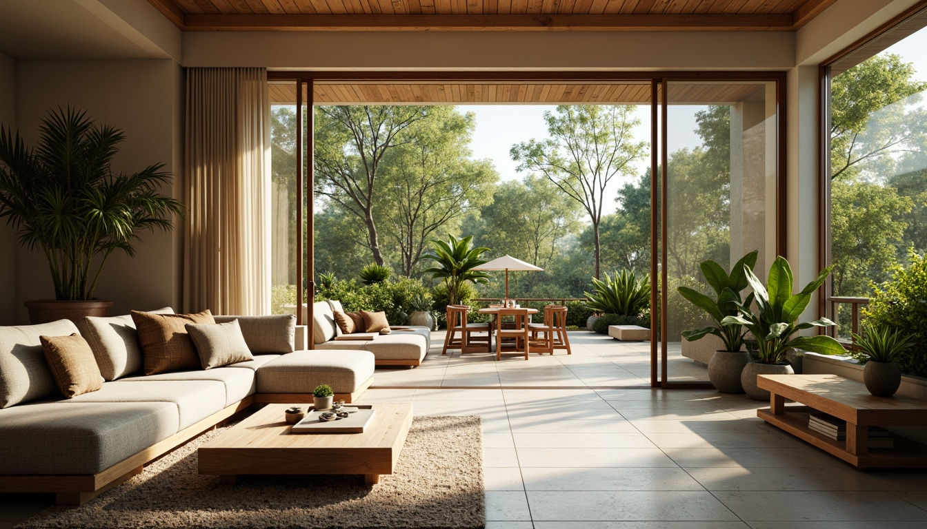 Prompt: Bright open-plan living area, floor-to-ceiling windows, sliding glass doors, natural stone flooring, earthy color palette, lush greenery, potted plants, minimalist decor, wooden accents, soft warm lighting, indirect sunlight, ambient shadows, 1/1 composition, realistic textures, subtle depth of field.