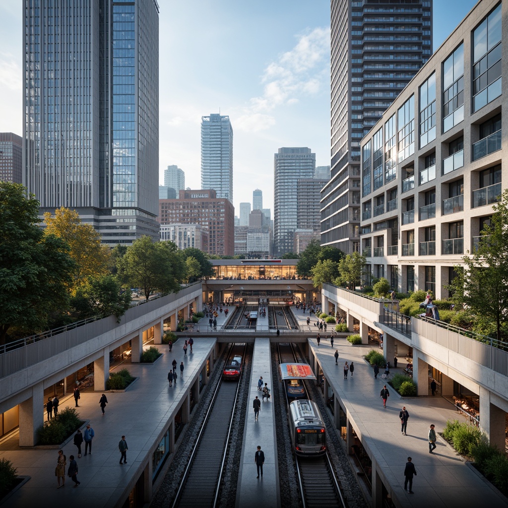 Prompt: Busy transportation hub, modern architecture, sleek metal structures, glass roofs, efficient pedestrian flow, organized signage, clear wayfinding, bustling atmosphere, urban landscape, city skyline, morning rush hour, soft natural lighting, shallow depth of field, 3/4 composition, panoramic view, realistic textures, ambient occlusion.