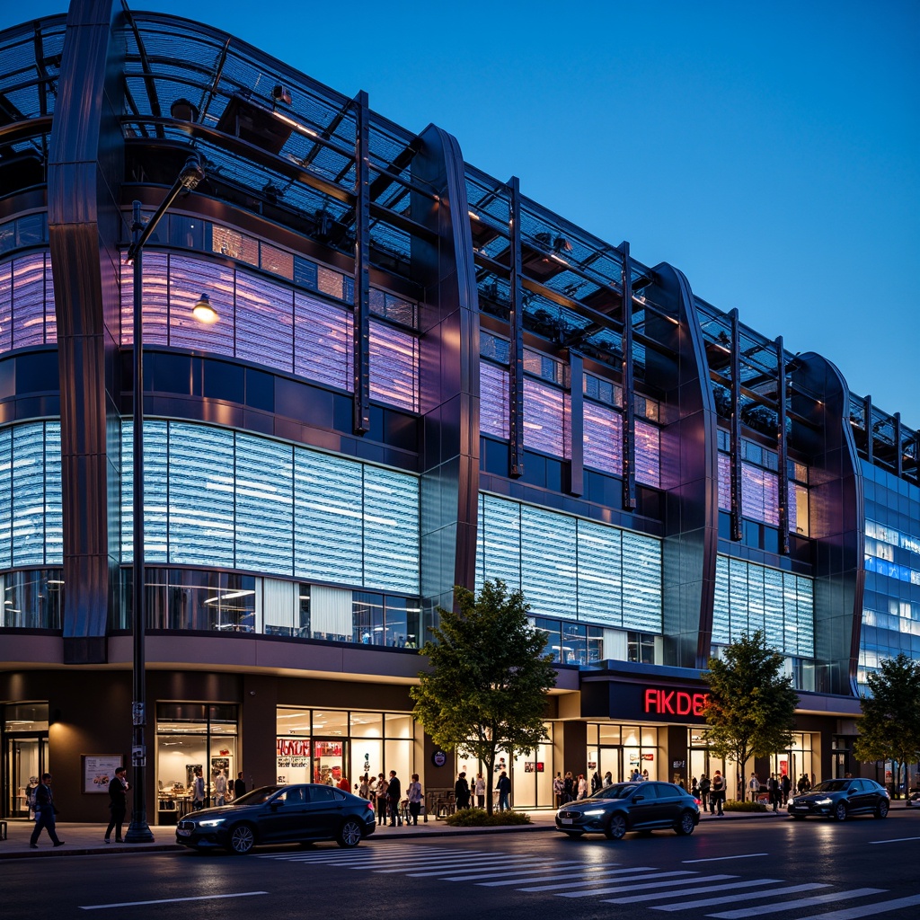 Prompt: Dynamic football stadium facade, undulating curves, metallic latticework, LED lighting displays, translucent panels, cantilevered roofs, asymmetrical shapes, bold color schemes, sleek lines, modern architecture, urban landscape, evening atmosphere, vibrant crowd energy, dramatic floodlighting, 1/2 composition, low-angle shot, realistic reflections, ambient occlusion.