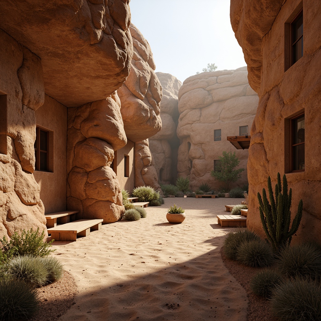 Prompt: Rustic canyon landscape, weathered rock formations, earthy tones, natural stone walls, wooden accents, distressed wood textures, organic curves, sandy trails, desert flora, cacti silhouettes, warm golden light, soft shadows, atmospheric haze, 1/1 composition, symmetrical framing, realistic rock details, ambient occlusion.