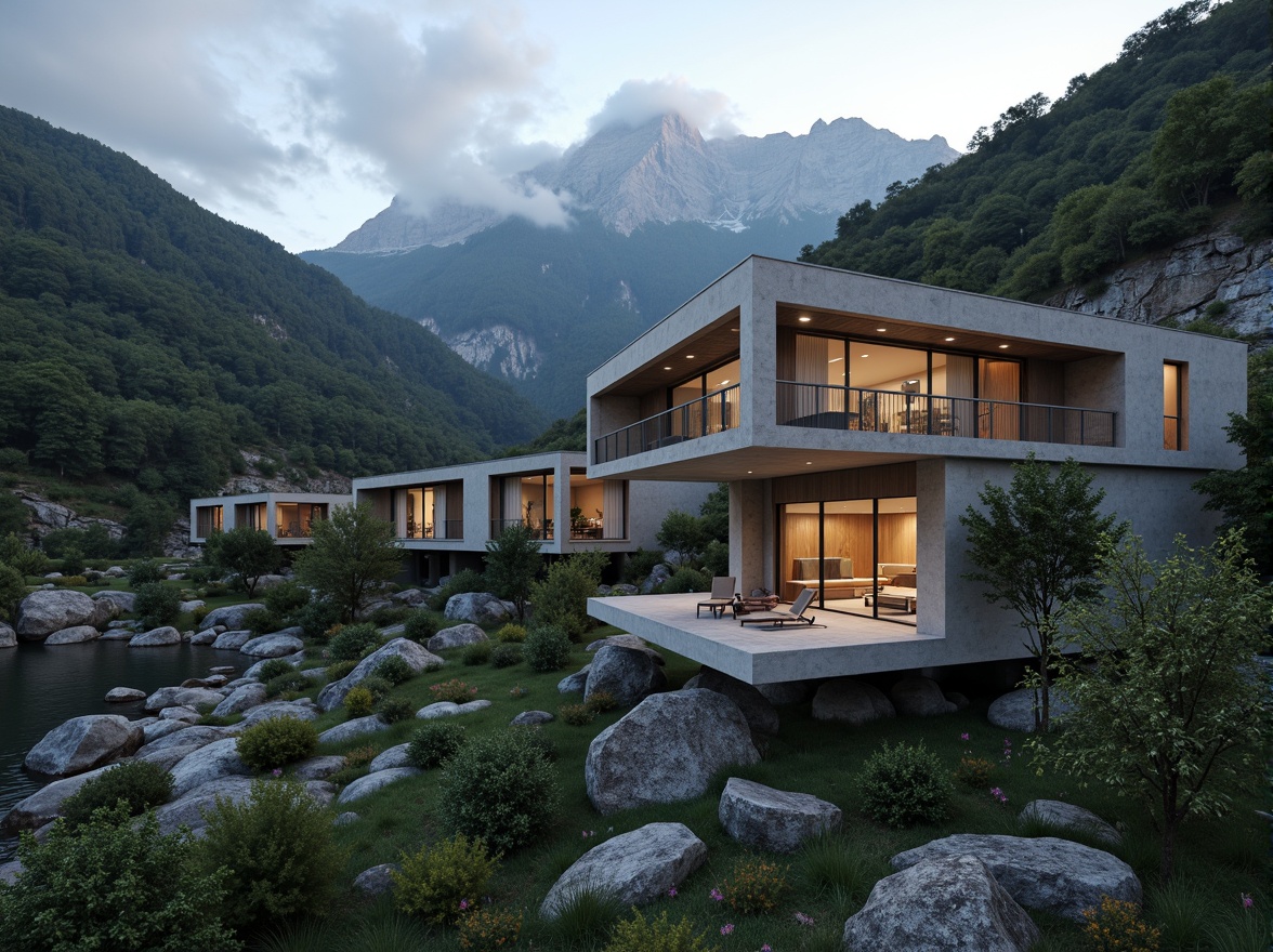 Prompt: Mountainous landscape, rugged terrain, meandering rivers, lush forests, undulating hills, structuralist architecture, brutalist concrete buildings, geometric forms, clean lines, minimal ornamentation, functional design, cantilevered roofs, open floor plans, natural stone walls, wooden accents, expansive glass windows, sliding doors, seamless indoor-outdoor transitions, organic integration with surroundings, subtle color palette, soft warm lighting, shallow depth of field, 2/3 composition, atmospheric perspective, cinematic view.