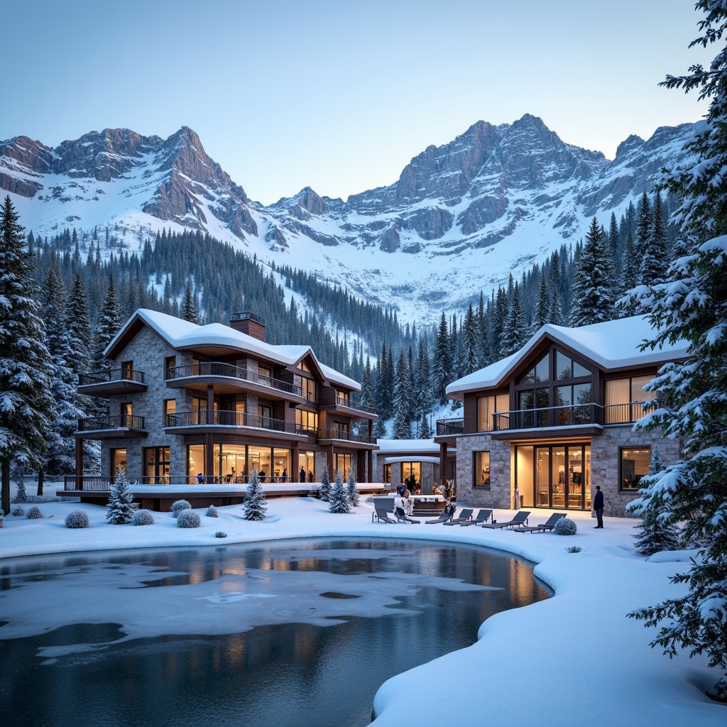 Prompt: Snow-capped mountain peaks, frosty pine trees, frozen lakes, ski lifts, chairlifts, gondolas, rustic wooden cabins, modern ski center architecture, large glass windows, sliding doors, warm cozy interiors, crackling fireplaces, stone walls, wooden beams, snowflake patterns, icy blue color scheme, soft morning light, shallow depth of field, 1/2 composition, symmetrical balance, realistic textures, ambient occlusion.