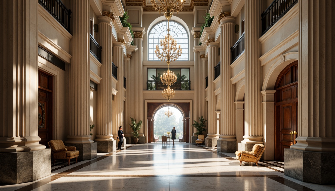 Prompt: Grandiose bank building, neoclassical columns, ornate capitals, polished marble floors, intricate moldings, high ceilings, large windows, natural light pouring in, symmetrical fa\u00e7ade, rusticated base, Corinthian pilasters, arched entrances, bronze door handles, elegant chandeliers, rich wood paneling, luxurious furnishings, solemn atmosphere, soft warm lighting, shallow depth of field, 1/2 composition, realistic textures, ambient occlusion.