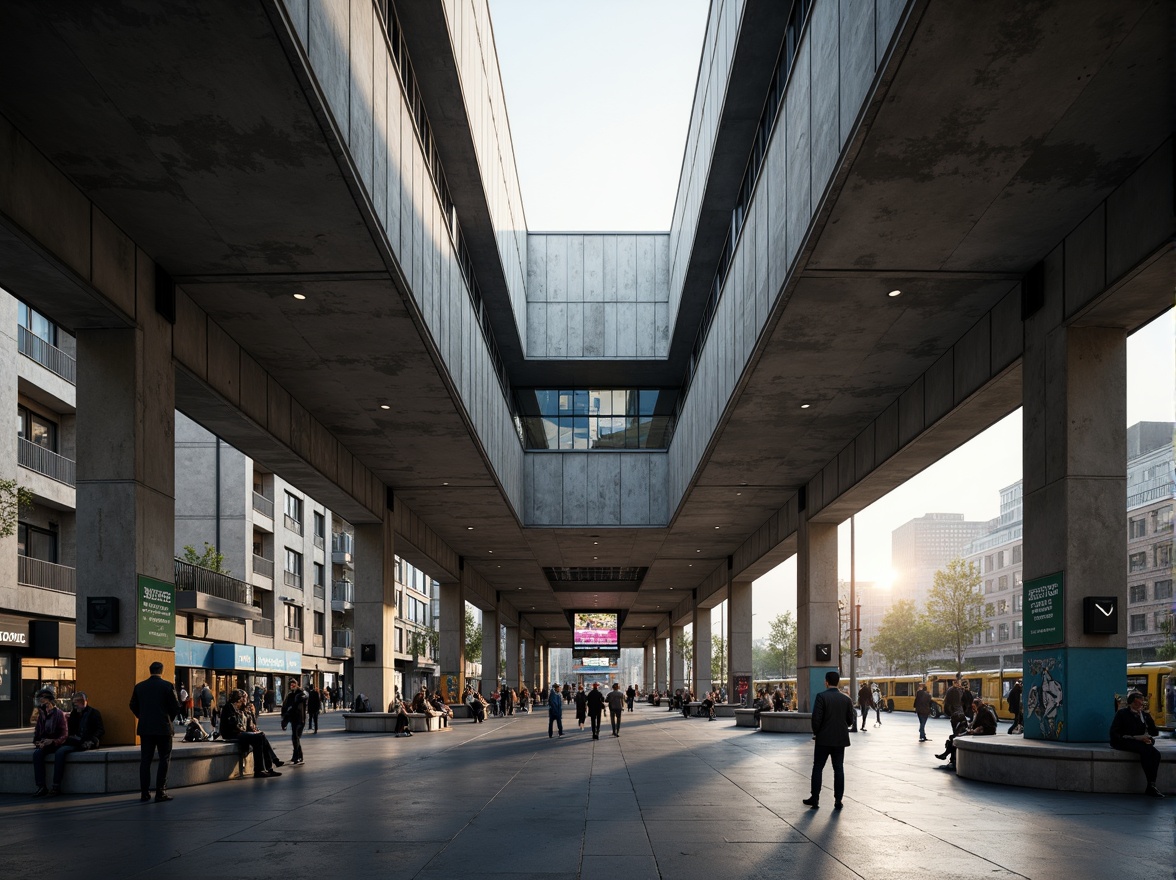 Prompt: Rugged bus station, brutalist architecture, raw concrete walls, fortress-like structure, bold angular lines, industrial metal accents, urban cityscape, busy streets, morning commute, natural light pouring in, high ceilings, exposed ductwork, minimalist seating areas, functional signage, urban graffiti, rough textures, dramatic shadows, low-angle photography, cinematic composition, gritty realistic rendering.