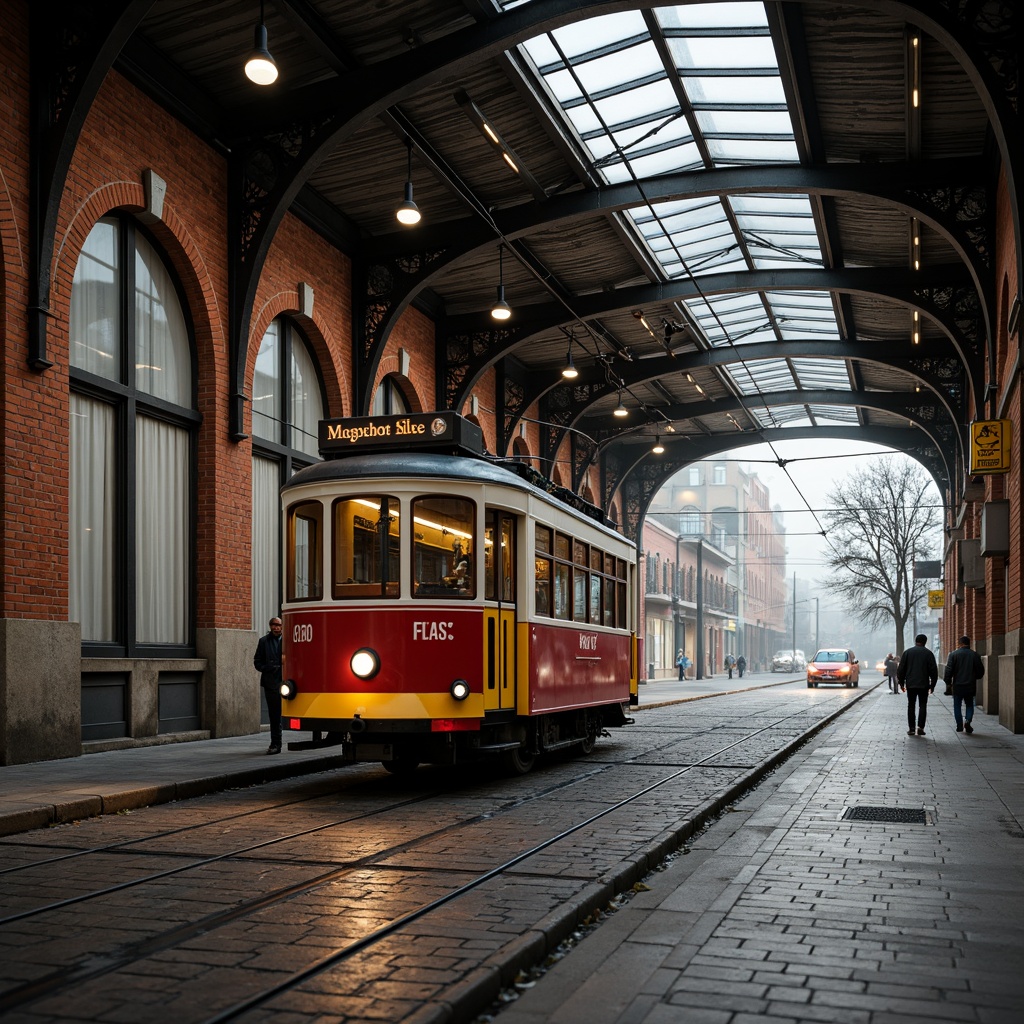 Prompt: Rustic tram station, exposed brick walls, natural stone foundations, arched windows, ornate metalwork, vintage signage, industrial lighting fixtures, urban landscape, busy streets, modern transportation hub, sleek glass canopies, intricate tile patterns, durable concrete floors, weathered steel beams, distressed wooden accents, atmospheric misting, shallow depth of field, 1/2 composition, dramatic low-angle shot, realistic textures, ambient occlusion.