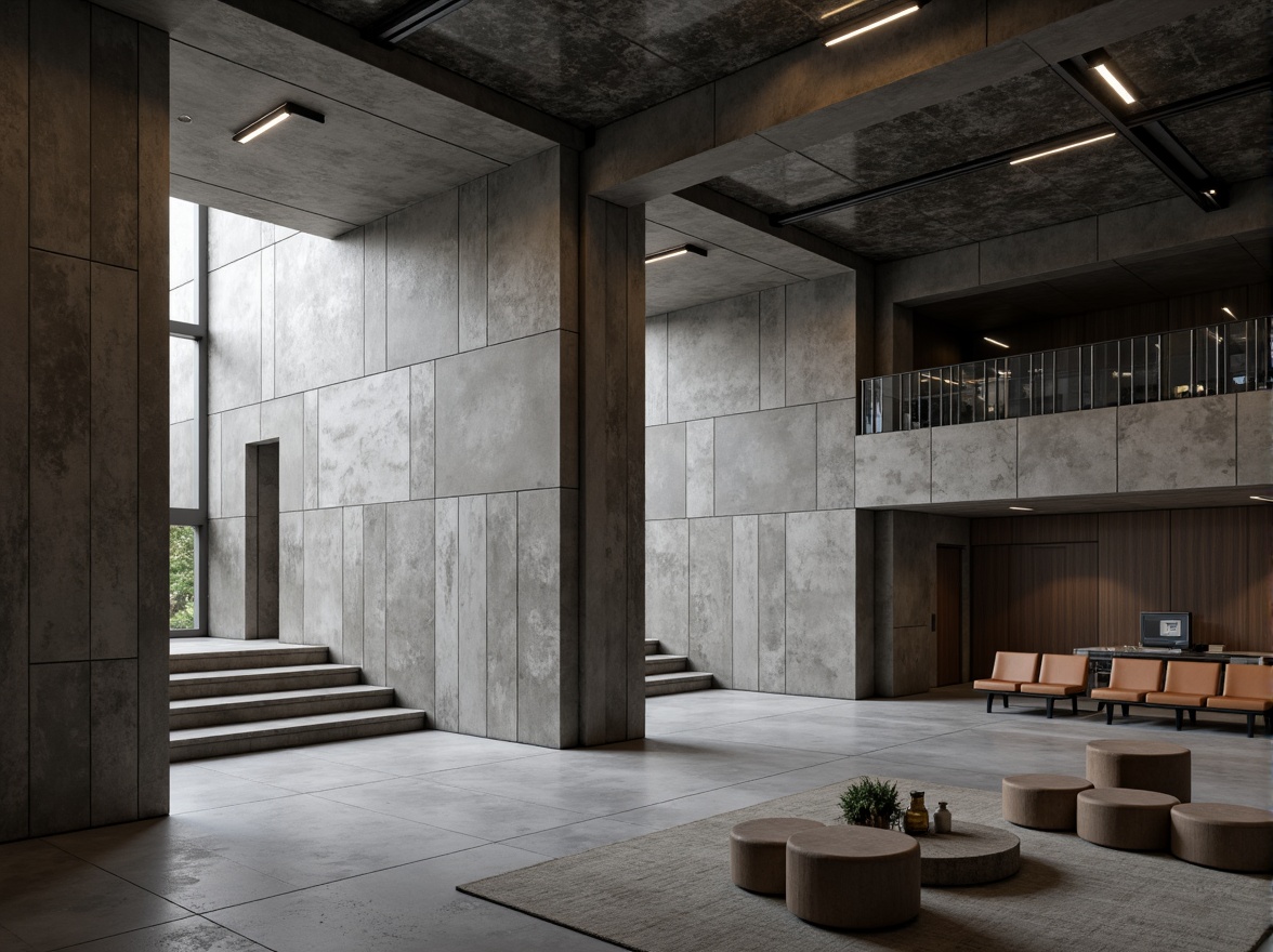 Prompt: Exposed concrete walls, brutalist architecture, industrial design, reverberant spaces, sound-reflecting surfaces, minimalist seating, raw metal beams, dramatic lighting, high ceilings, acoustic panels, sound-absorbing materials, diffused natural light, cold atmospheric tones, 3/4 composition, shallow depth of field, realistic textures, ambient occlusion.