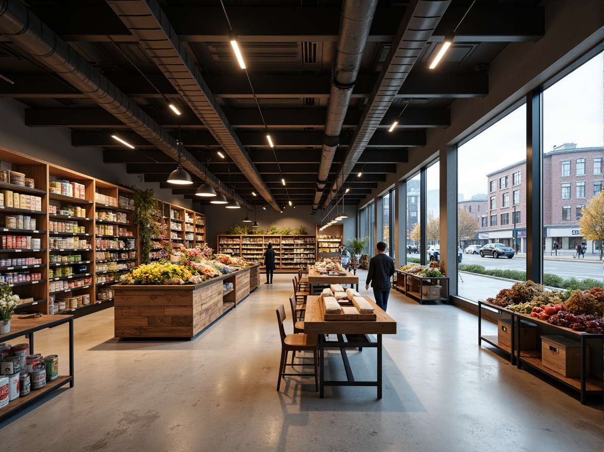 Prompt: Industrial-chic Bauhaus grocery store, exposed ductwork, polished concrete floors, reclaimed wood accents, minimalist shelving, modern track lighting, warm LED strips, pendant lamps, matte black fixtures, natural daylight, clerestory windows, urban cityscape, bustling streets, morning sunlight, soft shadows, shallow depth of field, 1/2 composition, realistic reflections, ambient occlusion.