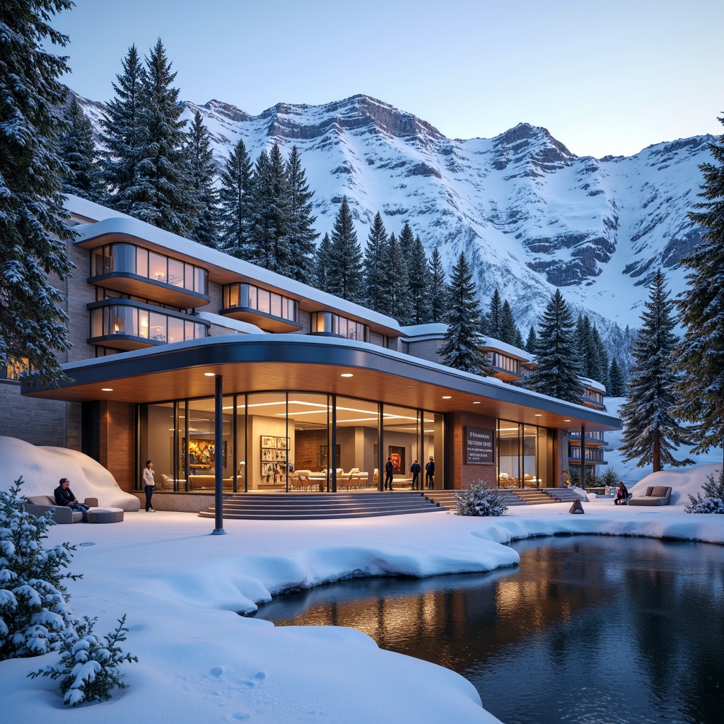 Prompt: Snow-capped mountain peaks, frozen lakes, frosty pine trees, modern ski center architecture, sustainable building materials, recycled metal fa\u00e7ades, wooden accents, large glass windows, transparent roofs, minimalist interior design, warm cozy atmosphere, soft ambient lighting, functional signage, futuristic elevator systems, sleek staircases, comfortable lounge areas, rustic stone fireplaces, vibrant color schemes, dynamic LED light installations, 3/4 composition, shallow depth of field, panoramic view, realistic textures, ambient occlusion.