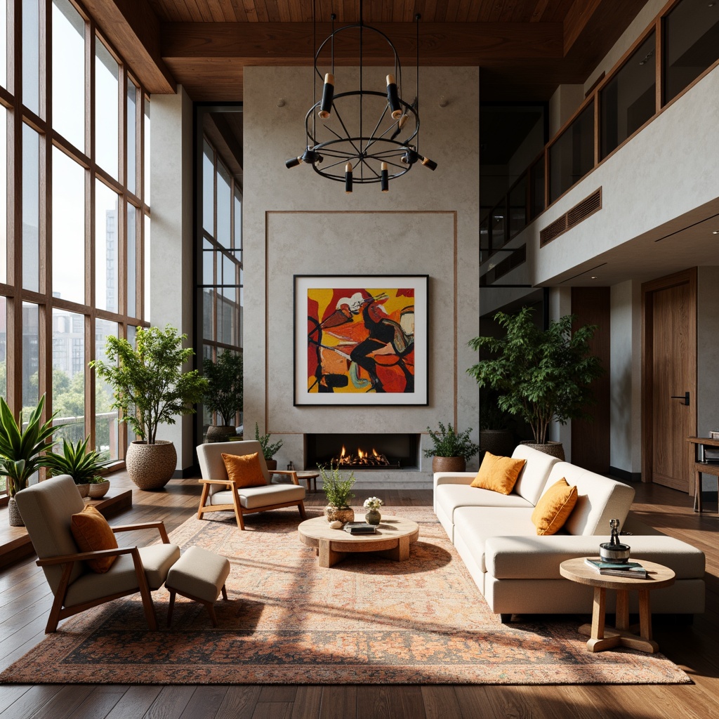 Prompt: Warm inviting atmosphere, elegant international style, high ceilings, large windows, natural light, minimalist decor, sleek lines, modern furniture, plush carpets, sophisticated color palette, luxurious fabrics, metallic accents, ambient lighting, subtle textures, cultural artwork, global inspiration, eclectic accessories, vibrant colors, abstract patterns, organic shapes, dynamic spatial layout, 1/1 composition, soft focus blur.